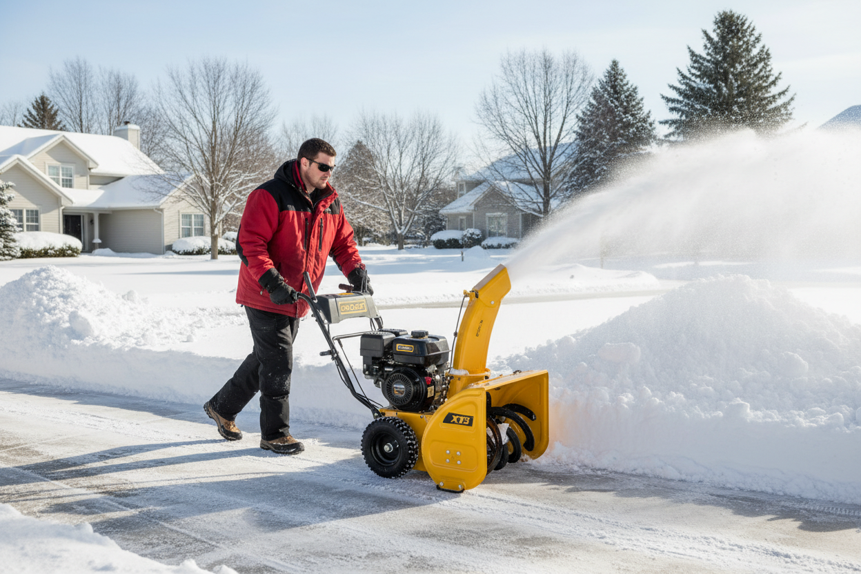 Generate me image of men remove snow with cub cadet snow blower 